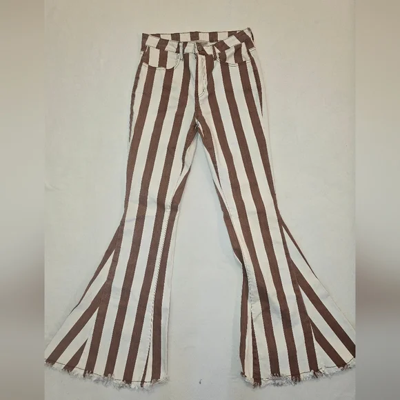 Cotton Stretch Striped Flare Jeans in Brown and White Hippie Country Nashville - Picture 2 of 9